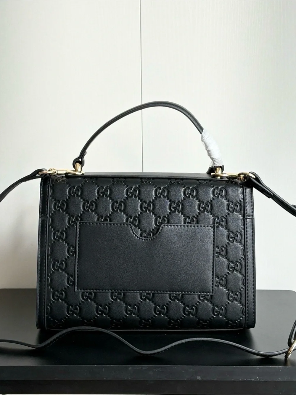 Gucci Black Embossed Leather Top Handle Satchel with Gold Hardware